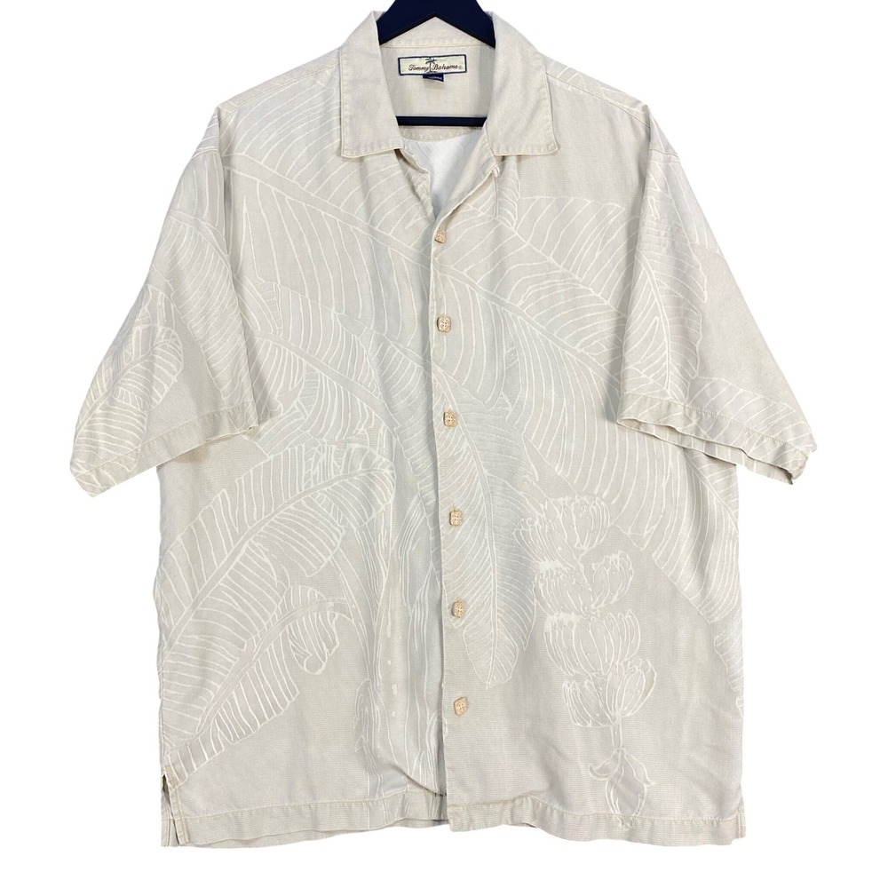 Tommy Bahama Silk Camp Shirt Mens M Beige Jacquard Floral Vintage Aloha Tropical